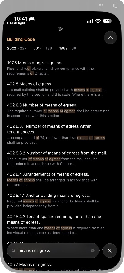 Permitext Search on iPhone showing results for means of egress